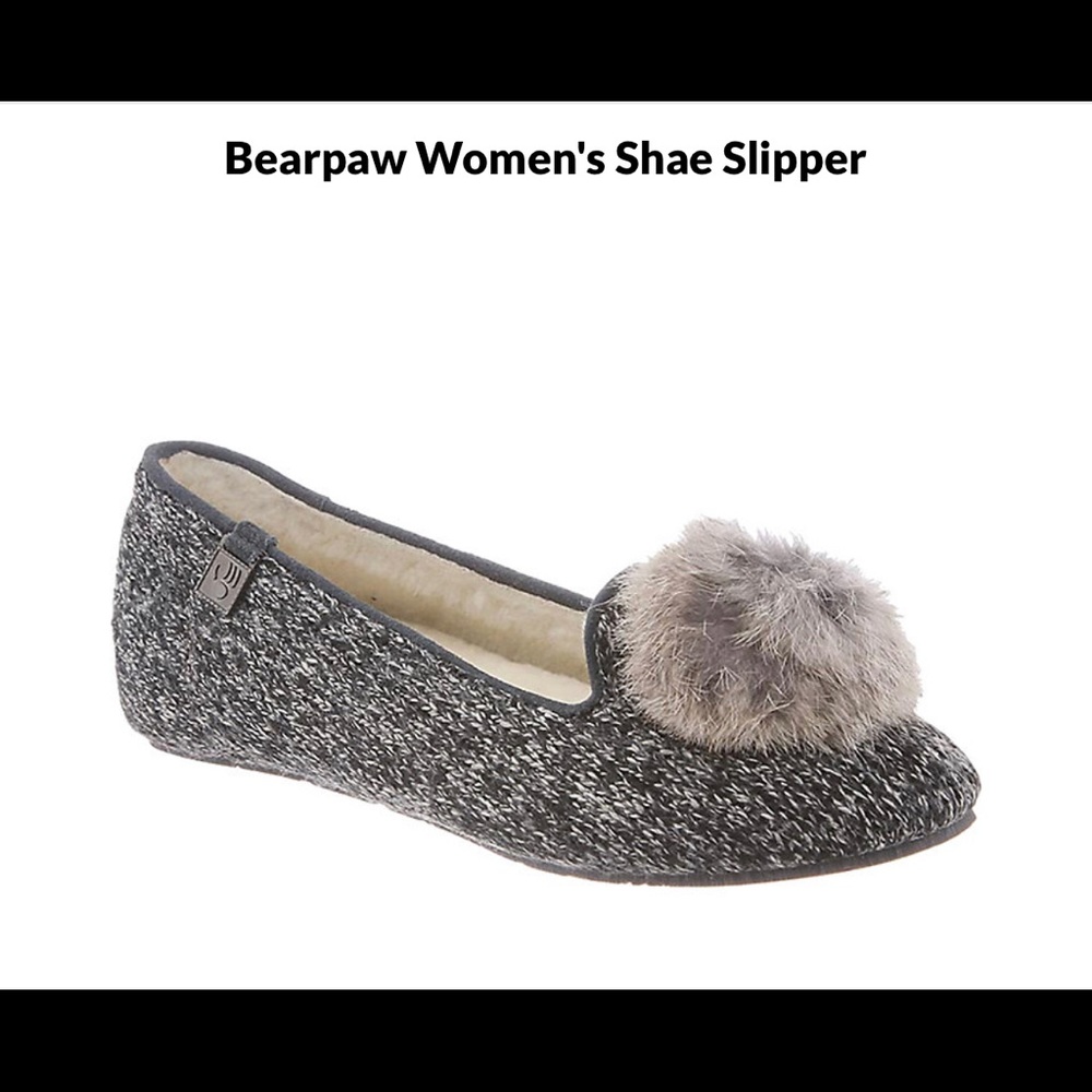 Bearpaw women's Shae wool slipper sheepskin lined size 8 gray fur pompom